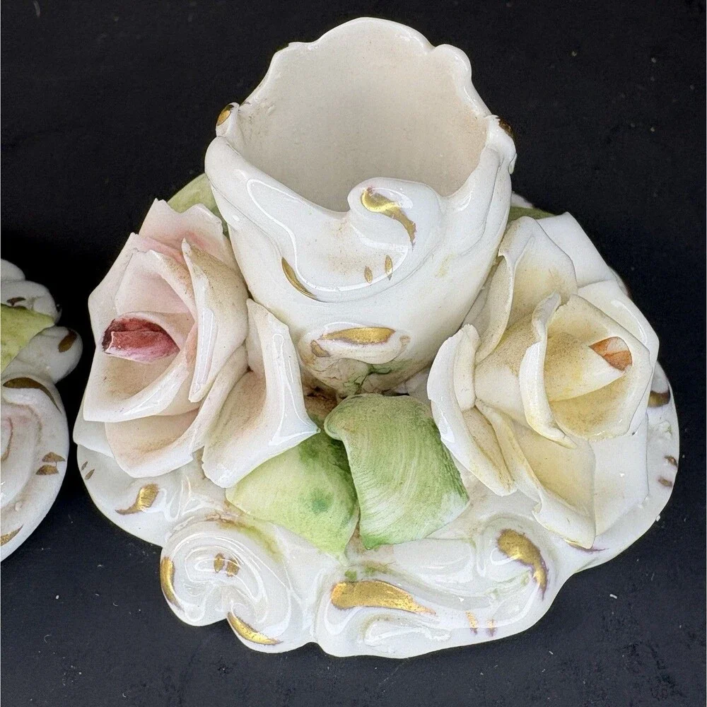Antique Capodimonte Candle Holders Italian Applied Floral 3